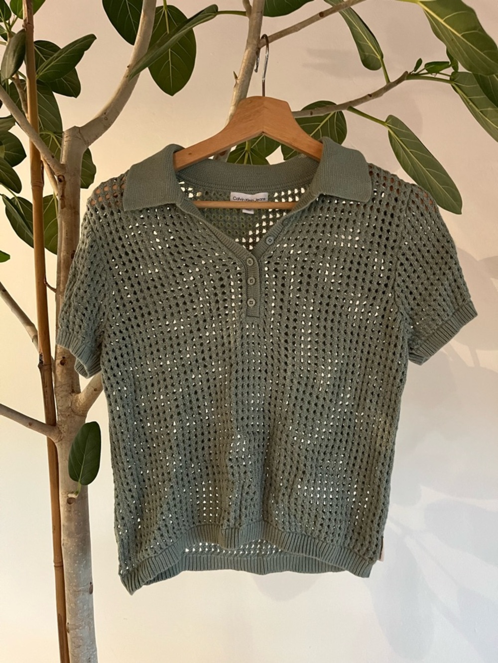Calvin Klein Jeans Sage Green Crochet Polo Top